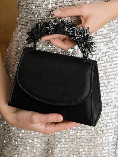 SHECARRY ELEGANTE BOLSO DE MANO DE SATÉN CON DECORACIÓN DE FLOR DE STRASS, ADECUADO PARA FIESTAS, BODAS Y CITAS