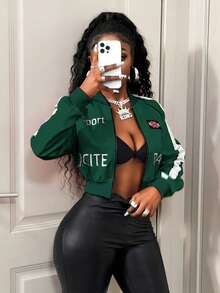 BamGleam Chaqueta casual ajustada con cremallera y estampado de letras, para mujer en invierno - Verde Oscuro - Ver 4