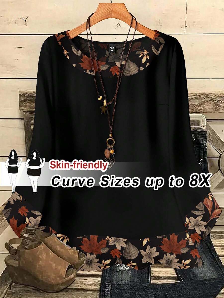 SHEIN CURVE+ Áo sơ mi họa tiết chắp vá tối giản thường ngày cỡ lớn, thu/đông - Nhiều màu - Xem 1