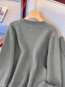 SHEIN Franclia 女士条纹长袖针织开衫和针织裤休闲两件套 - 灰色 - 查看 5