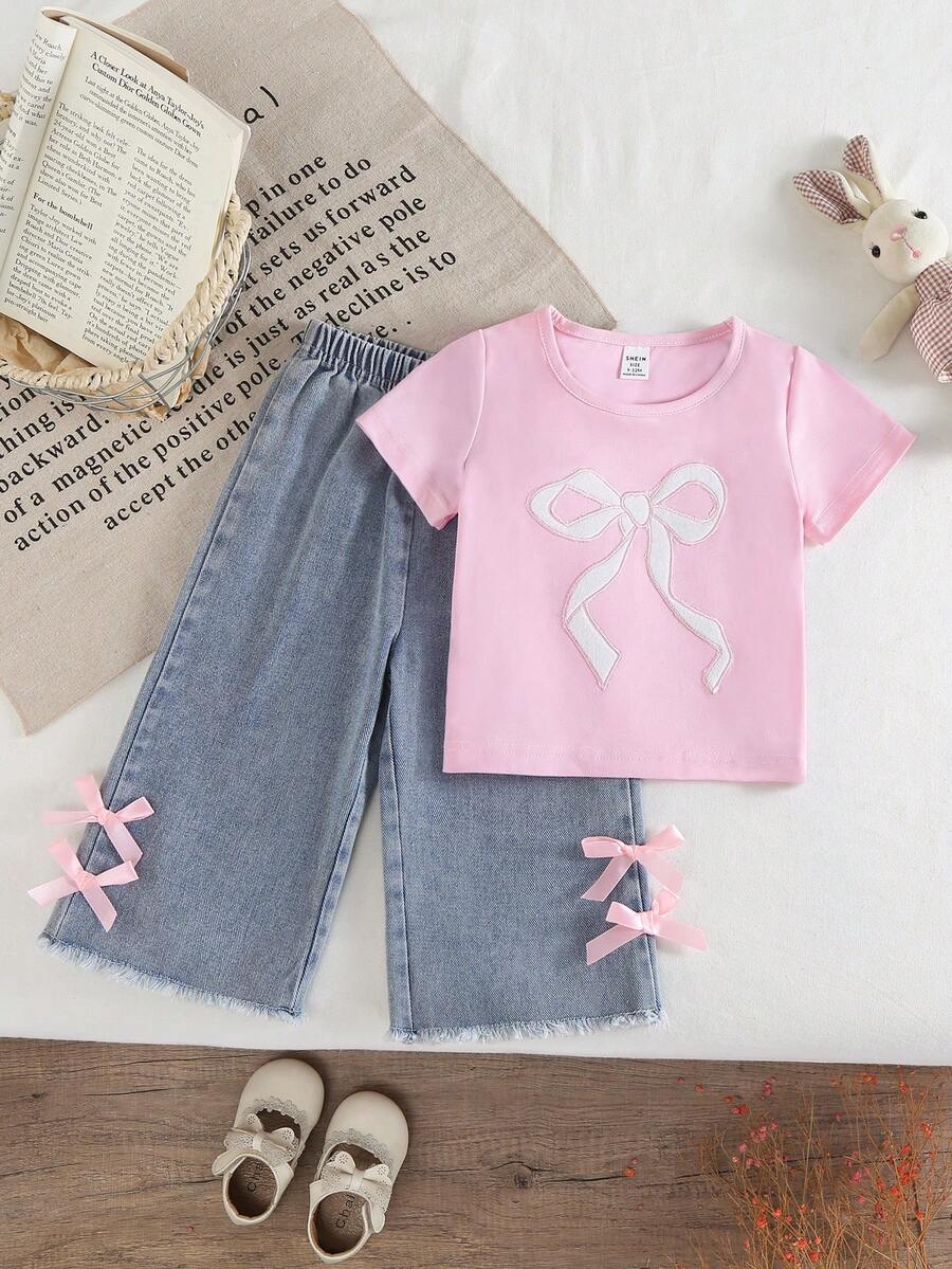 SHEIN 2件套女婴可爱蝴蝶刺绣短袖上衣+时尚3D蝴蝶结牛仔喇叭裤套装，夏季 - 粉色 - 查看 1
