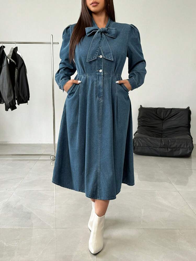 SHEIN EZwear Plus Size Women Retro American Fashion High-End Long Sleeve Tie Collar Denim Dress - Dark Wash - View 3