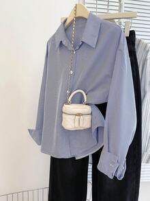 Resyla 2 件女士休闲/办公室通勤条纹印花长袖衬衫和背心套装，春秋