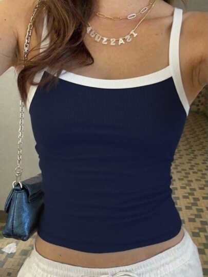 Tween Girl Ribbed Contrast Trim Camisole Tank Top, Versatile For Daily Wear
