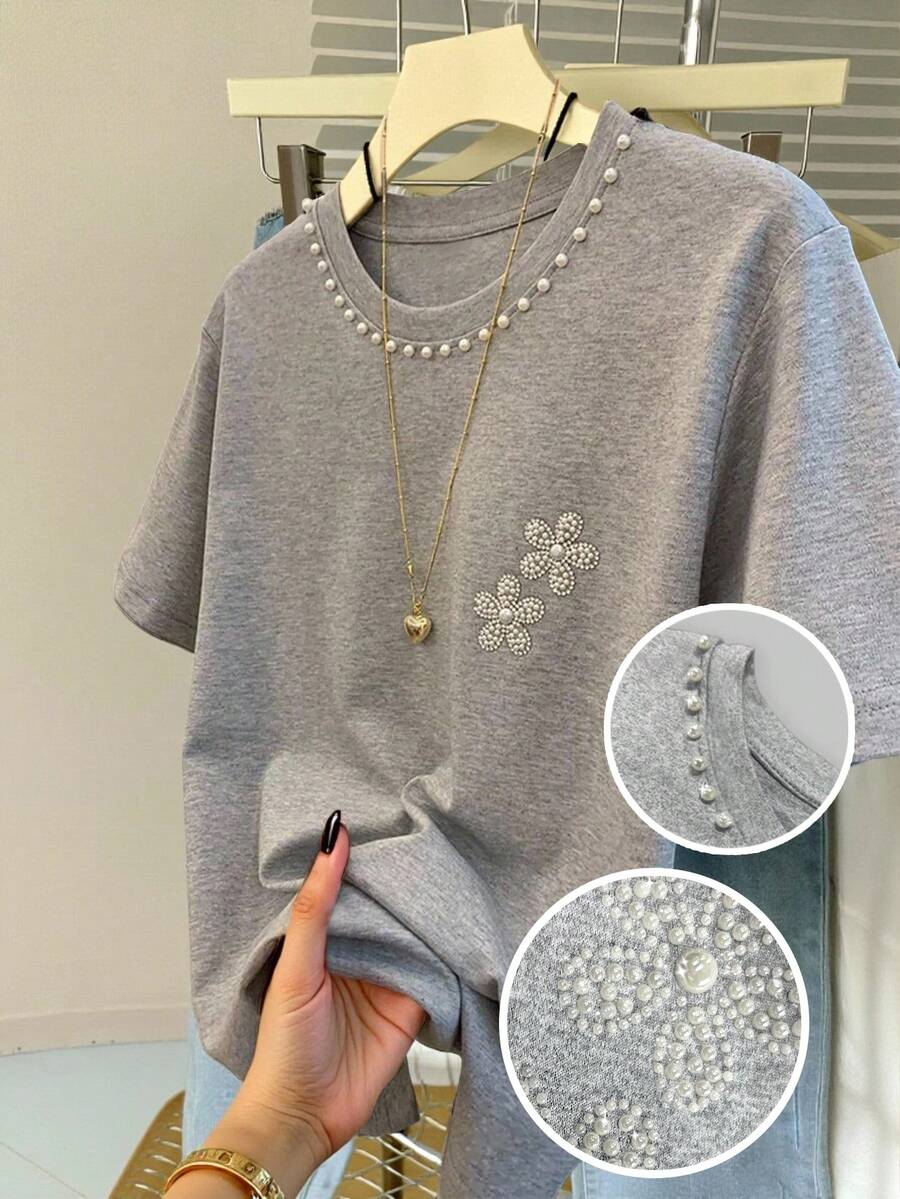 SHEIN Heavy Craft Inlaid With Shiny White Pearls, Hot Bead Pearl Small Flowers, Fashionable Temperament Flower Gray Women's Super Loose T-Shirt