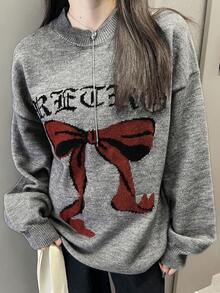 FRIFUL Women's Colorblock Round Neck Drop Shoulder Long Sleeve Letter & Bow Decor Oversized Casual Christmas Sweater, Autumn/Winter - Dark Grey - View 4