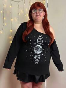 Enliva Abidrinkell Plus Size Women Moon & Star Print Sleeveless Camisole Long Sleeve T-Shirt, Spring And Autumn And Winter, For Apple Rounded Body Shape - Black - View 4