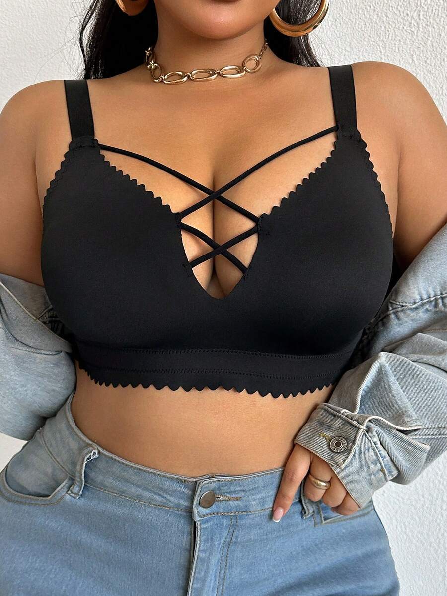 DesireSculpt Áo ngực không dây chéo màu trơn cỡ lớn - màu đen - Xem 1
