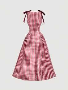 SHEIN MOD 红色格子无袖连衣裙，饰有蝴蝶结，裙摆呈喇叭形，适合圣诞节和新年穿着。 - 紅白色 - 查看 3