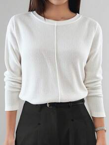 Dazy-Less Áo thun dài tay cơ bản dành cho nữ, dáng rộng, phối màu, trang phục công sở thường ngày, phù hợp cho mùa thu, đông, xuân - trắng - Xem 2