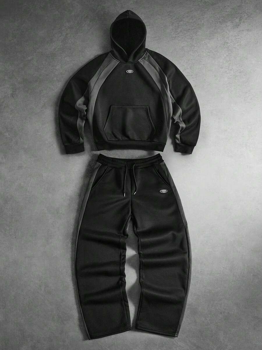 PAVTROS 男士撞色长袖连帽衫和运动裤套装 黑色两件套 男士慢跑套装 男士运动服套装 男士运动套装 连帽衫和裤子套装 - 彩色 - 查看 1