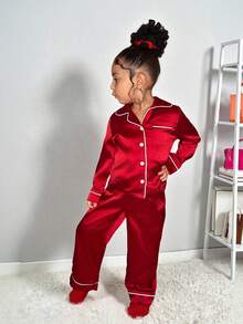 Young Girl Contrast Color Collar Shirt And Casual Pants Set, Autumn/Winter Pajama Set, Collegiate Style, Comfortable Loungewear Set - Red - View 3