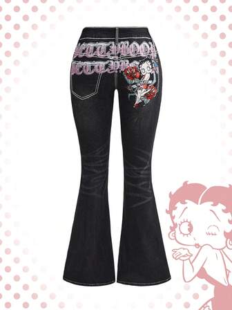 Betty Boop | ROMWE Jeans a vita super bassa a zampa di elefante con ricamo Betty in stile retrò Y2K consumato per donne