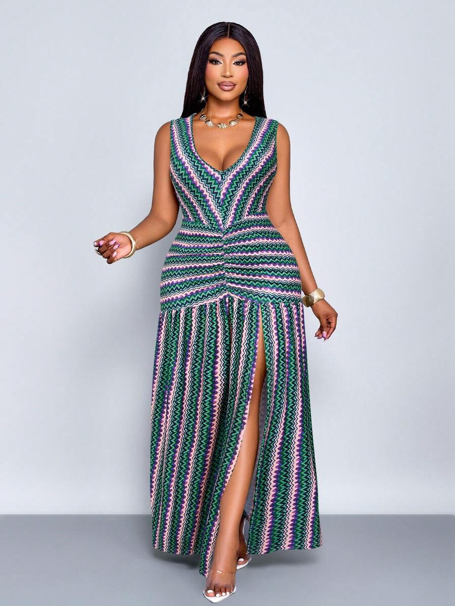 SOLERSUN Đầm ôm sát không tay cổ chữ V họa tiết hình học cỡ lớn thời trang phương Tây xuân/hè - Hồng - Xem 1