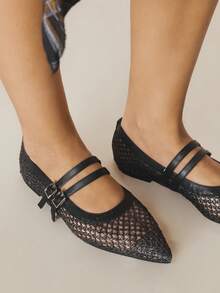 Styleloop Women's Pointed Toe Hollow Design Buckle Flat Shoes - Black - View 2