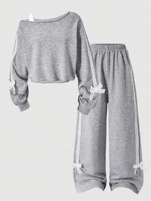 SHEIN ChillGRL 2件套少女宽松不对称肩部撞色印花长袖上衣和阔腿裤套装，休闲百搭，适合日常、通勤、度假、聚会、街头风，秋冬季穿着。 - 灰色 - 查看 3