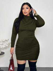 Firerie Plus Size Elegant Olive Green Autumn Long Sleeve Mini Dress, Night Out Club Ruched Turtle Neck Bodycon Dress,Curve Fitted Valentine's Day Outfit - Army Green - View 2