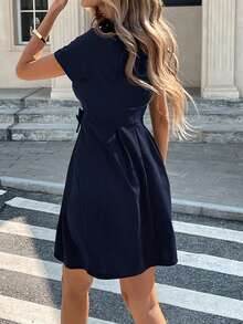 SHEIN LUNE Women's Casual Bow Tie Short Sleeve Black Party Dress - Navy Blue - View 2