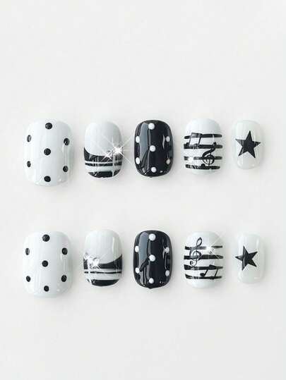 Anime 10pcs Cute Bowknot Music Note Star Element High Quality Handmade False Nails + 3pcs Double-Sided Adhesive, Y2K French Style Rhinestone Chain Polka Dot Removable Nail Art Stickers, Suitable For Holidays, Parties, Dancing And Daily Wear