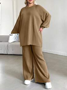 EURMUSE Conjunto de suéter de manga farol y pantalón de punto de talla grande para mujer en color liso - Camel - Ver 6