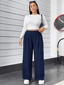 Auralis Plus Size Women's And Casual Comfortable Loose Elastic Waist Gray Basic Wide-Leg Pants, Women Clothes,Homecoming,Old Money,Going Out Bottoms,Curv Pants,Women Outfits, Pants Spring - Royal Blue - View 4