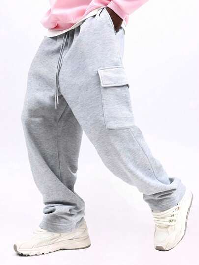  Pantalón de chándal gris jaspeado SUMWON con bolsillos laterales tipo cargo, cintura con cordón, ajuste relajado, forro polar liso