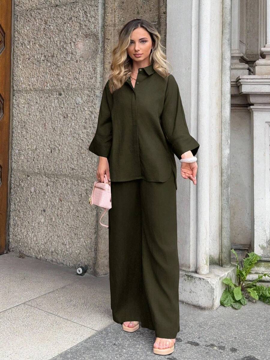 Jeta Ari 2 件套女士混纺侧开衩宽松衬衫和高腰阔腿裤优雅商务休闲女装 - 橄欖綠 - 查看 1