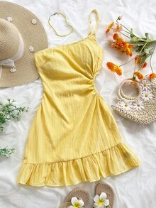 Soleia 女式黄色细肩带不对称下摆不对称迷你连衣裙，夏季假日装 - 黃色 - 查看 3