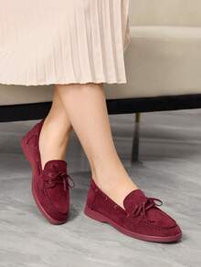 Sleekvia Women's Casual Versatile Commuting Lace-Up Loafer Flats For Christmas - Burgundy - View 4