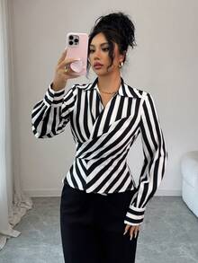 Elenzga 女士优雅通勤黑白条纹领交叉系带长袖修身衬衫，春秋季 - 彩色 - 查看 6