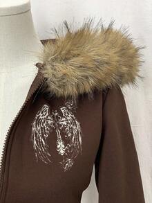 Sunspun 大码女式毛绒连帽卫衣外套，加厚保暖长袖带口袋拉链印花卫衣，秋冬季百搭单品 - 咖啡棕 - 查看 6