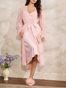 Côtesoire Set Pakaian Tidur Wanita Bergaya Romantis Prancis yang Elegan dengan Jubah Bulu & Jala & Gaun Selip Leher Berdrapery Satin - Baby Pink - View 5