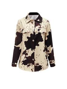 EMERY ROSE Women's Patterned Long Sleeve Loose Casual Button-Up Shirt - Camel - View 3