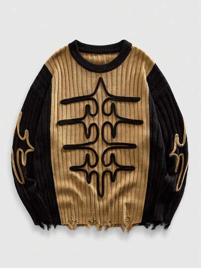 Pull col rond homme en tricot jacquard, couleurs contrastées, style urbain chic