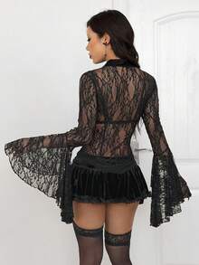 Coolane 女士大码秋冬四季皆宜颓废哥特Y2K性感朋克女巫蕾丝万圣节派对蕾丝泡泡袖舒适弹力休闲装束收腰露肩黑色连衣裙 - 黑色 - 查看 4