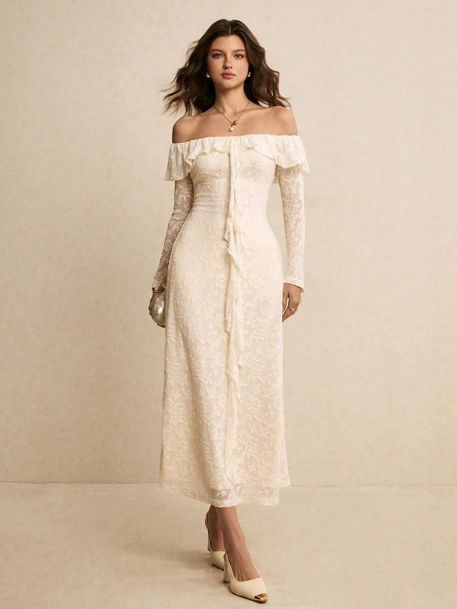 Poéselle 女士露肩蕾丝荷叶边长袖修身优雅派对/约会连衣裙 - 杏色 - 查看 1