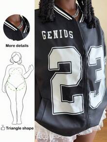Truni Theloveshegives 23 Number Print Loose Fit Plus Size Jacket, For Pear Triangle Body Shape - Black and White - View 1