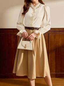 Vintamour 女士复古优雅花卉刺绣碎花蕾丝边珍珠纽扣灯笼袖休闲节日派对冬季圣诞节新年感恩节优雅衬衫 - 米色 - 查看 4