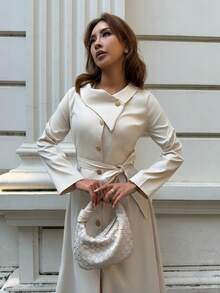 Chiquease Áo khoác trench coat trơn màu thanh lịch dành cho nữ khi đi làm - Màu be - Xem 5