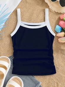 少女罗纹撞色滚边吊带背心，日常百搭