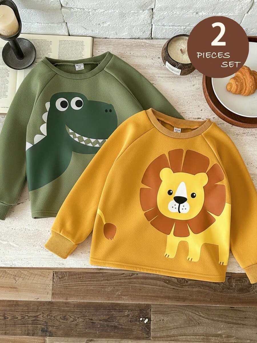 两件套可爱卡通针织休闲卫衣，适合小男孩，秋冬季穿着 - 彩色 - 查看 1