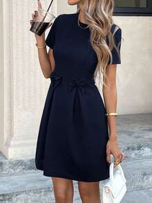 SHEIN LUNE Women's Casual Bow Tie Short Sleeve Black Party Dress - Navy Blue - View 8