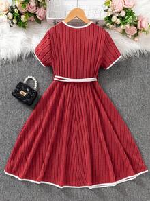 Sparklyn Girls' Casual All-Match Versatile Commute Daily Home Fleece Ribbed Contrast Trim Round Neck Short Sleeve Belted Knit Dress - Multicolor - View 2