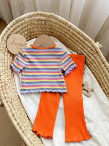 SHEIN Bộ đồ liền thân tay ngắn kẻ sọc nhiều màu sắc dễ thương cho bé gái mùa hè và quần cạp chun - trái cam - Xem 2