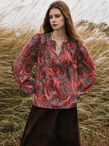 Florisole 女士优雅通勤休闲腰果花印花衬衫 - 彩色 - 查看 6