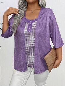 大码中长款纯色拼布休闲 T 恤 - 紫色 - 查看 3