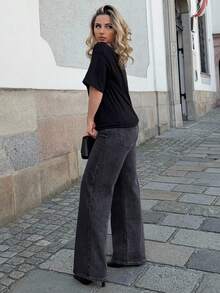 Jeta Ari Chất rắn quần ống rộng Quần jean - màu đen - Xem 2