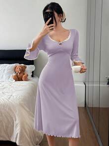 SHEIN 撞色蕾丝边拼接针织休闲方领修身七分袖女士睡裙 - 紫色 - 查看 5