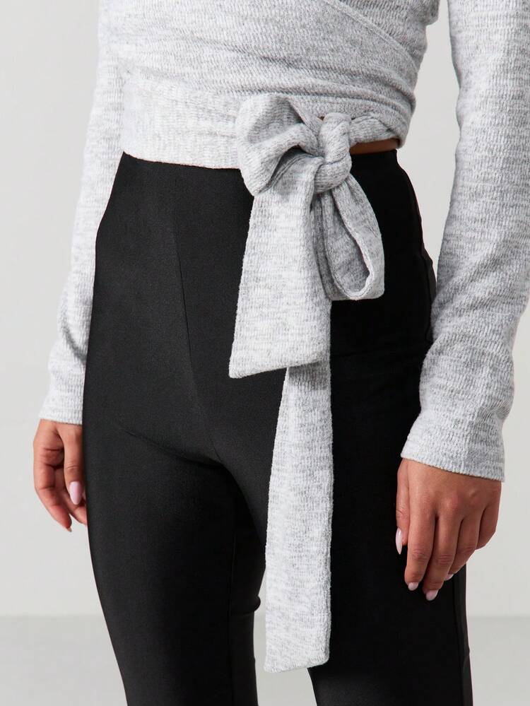 MISSGUIDED Ribbed Knit Long Sleeve Wrap Top With Side Tie Detail V Neck Cropped Casual Layering Essential Fall Winter Basic Sweater