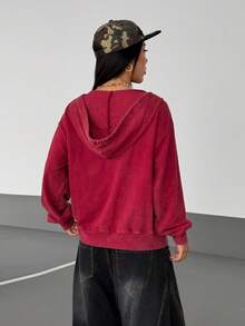 StreetHx Women's Y2K Style Gothic Retro Distressed Loose Sweatshirt Streetwear, Autumn/Winter - Burgundy - View 2